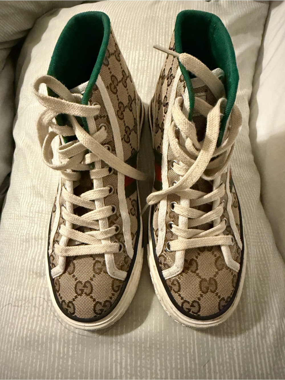 Gucci Beige GG Supreme High-Top Sneakers with Green Lining